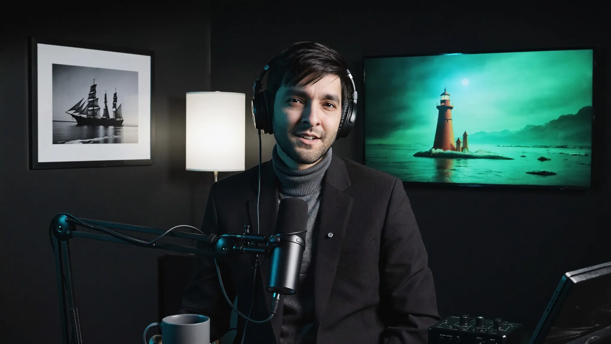 Muzamil Hasan in the Thought Behind Things studio, headphones on at the condenser microphone, a jade-lit lighthouse glowing on the screen behind him