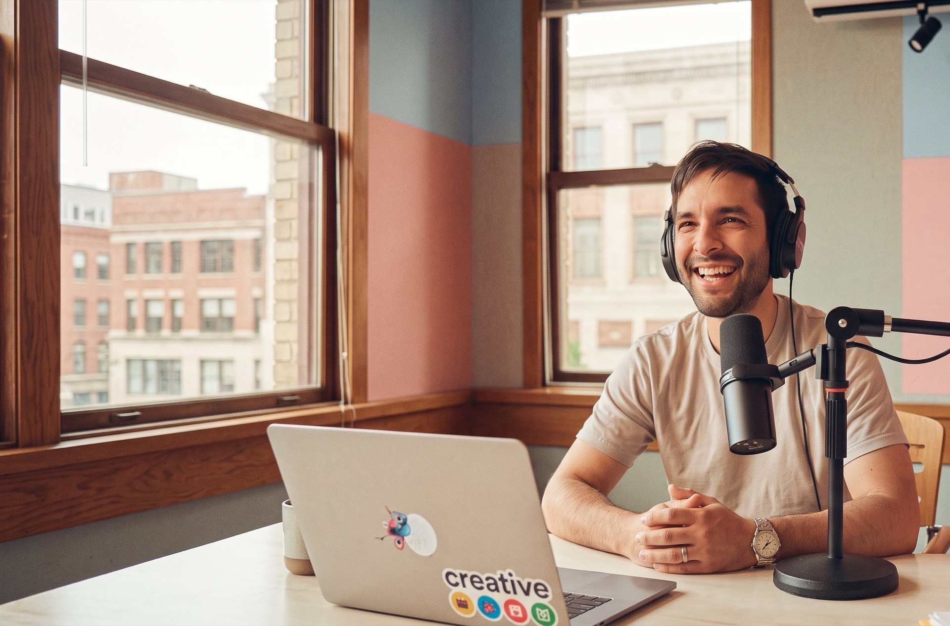 Muzamil Hasan recording a podcast with headphones and a broadcast microphone